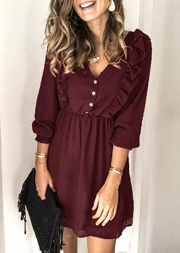 

Ruffled Button Elastic Cuff Mini Dress - Burgundy, Red, 518037