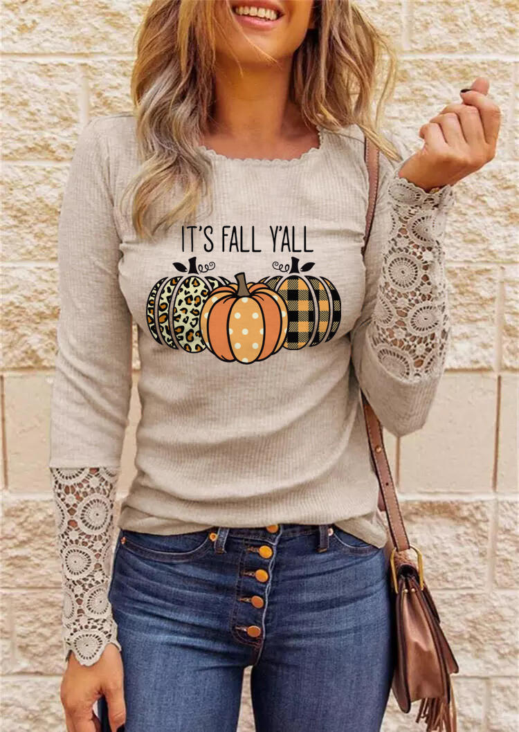 Lace Leopard Plaid Polka Dot Pumpkin It's Fall Y'all Blouse - Khaki