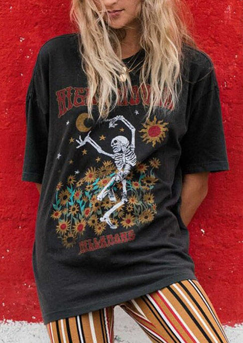 

Halloween Dancing Skeleton Floral Sun Moon Star T-Shirt Tee - Dark Grey, 518146