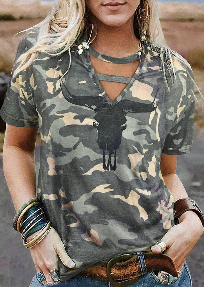 

Camouflage Steer Skull Hollow Out T-Shirt Tee, 514410