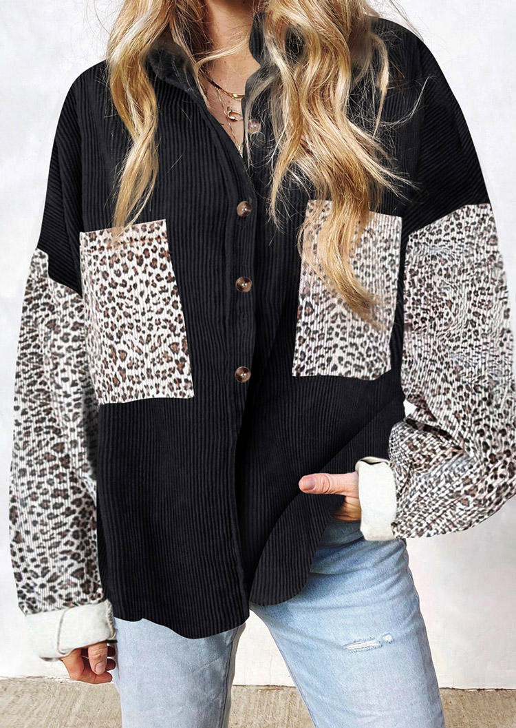 

Leopard Splicing Pocket Button Shirt Coat - Black, 517714