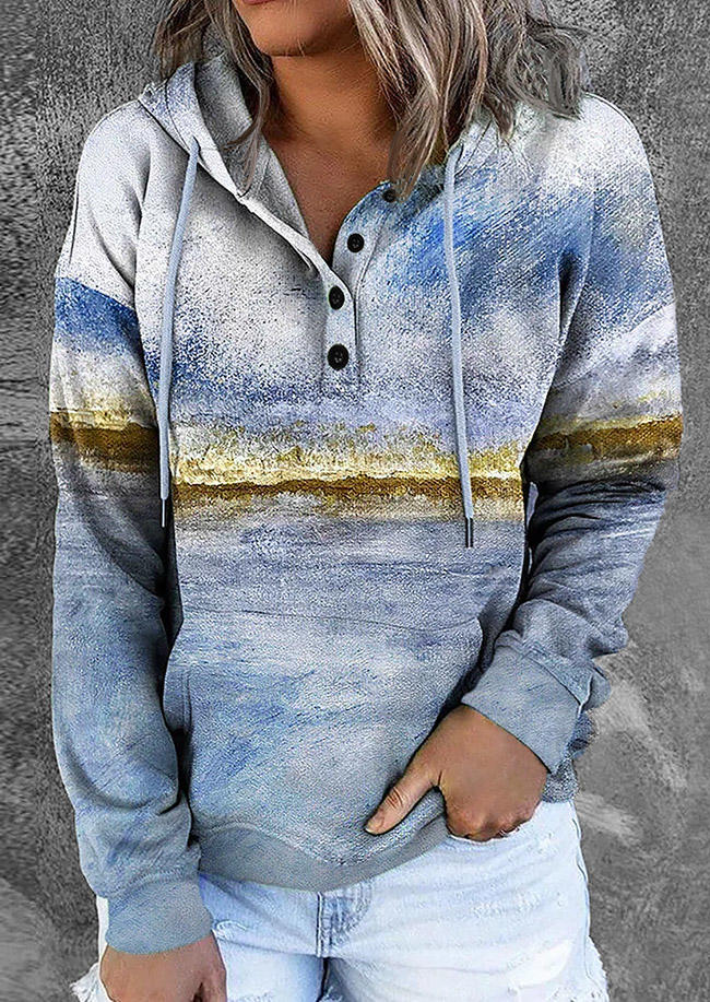 

Drawstring Button Long Sleeve Hoodie, Multicolor, 518182