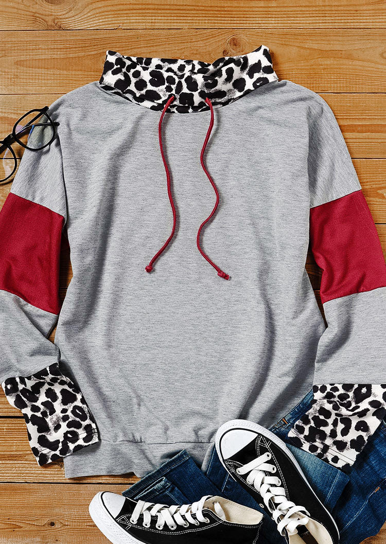 Leopard Color Block Drawstring Cowl Neck Sweatshirt - Gray
