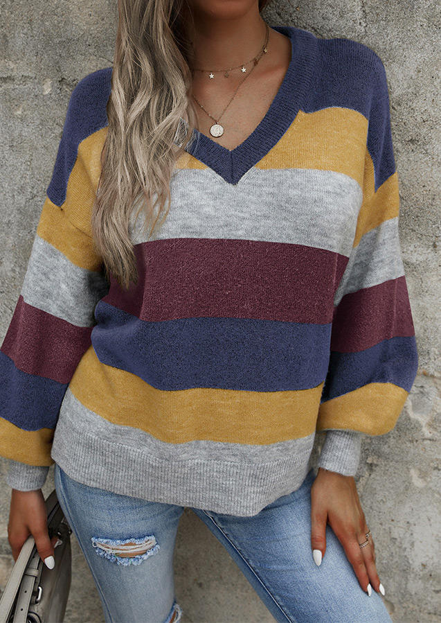 

Color Block V-Neck Long Sleeve Sweater, Multicolor, 517893