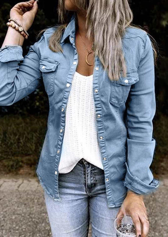 

Snap Button Pocket Ruffled Long Sleeve Jacket - Blue, 517934