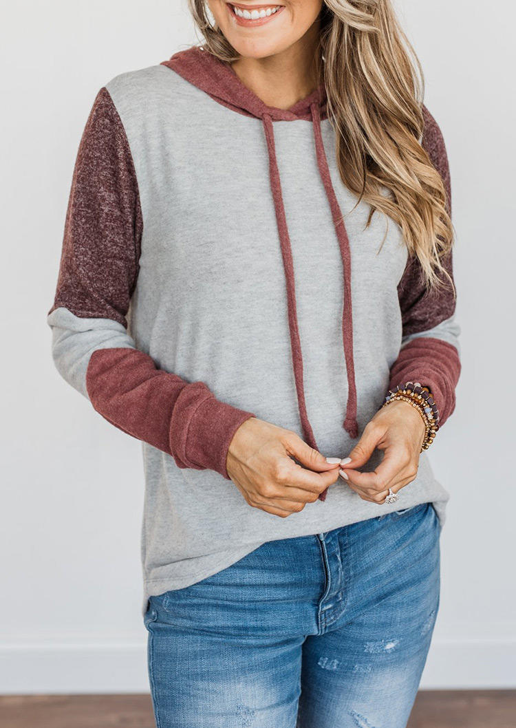

Color Block Drawstring Long Sleeve Hoodie - Gray, 517965