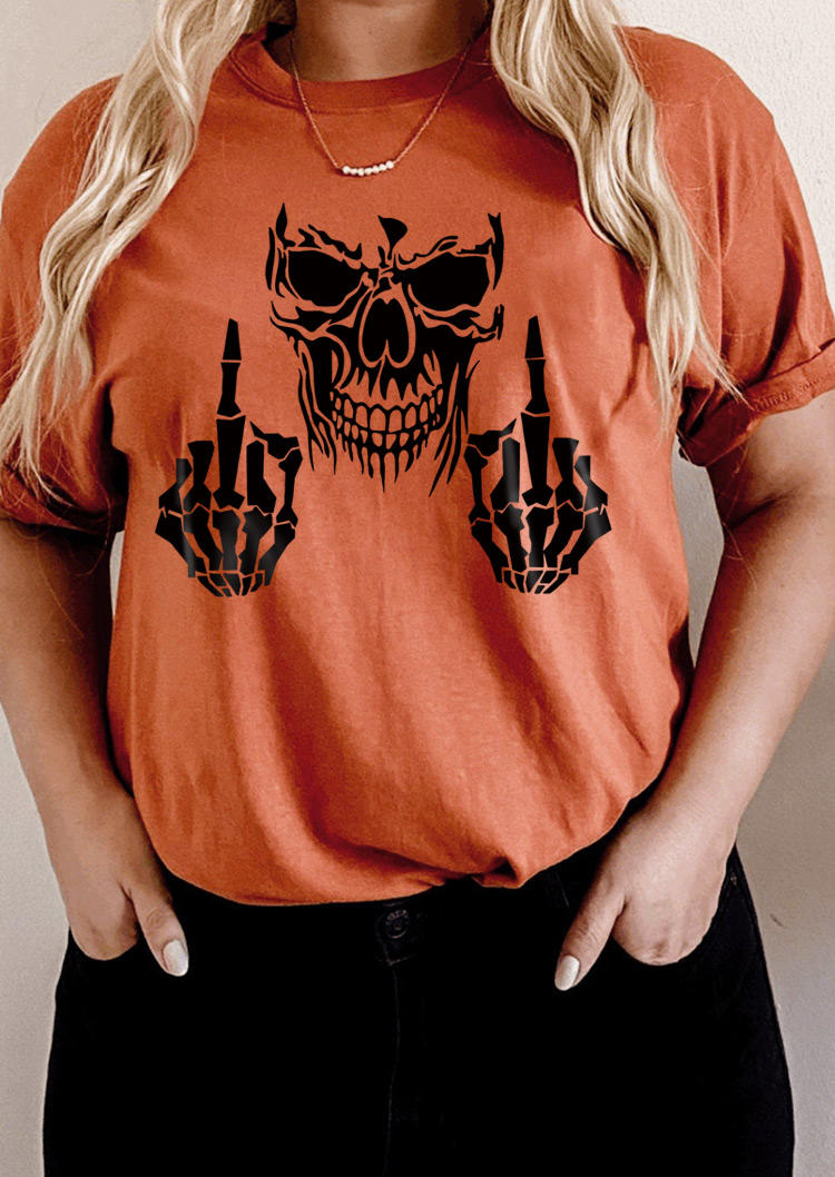 Kaufen Skull Skeleton Hand O-Neck T-Shirt Tee - Brick Red. Bild