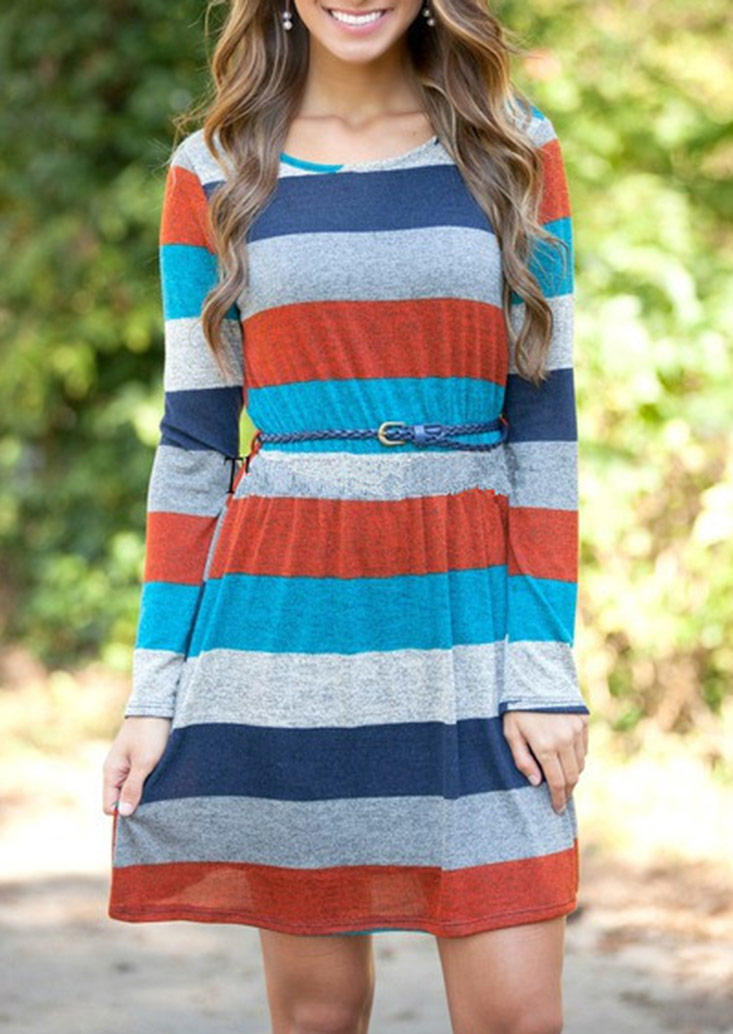 Colorful Striped Open Back Long Sleeve Mini Dress