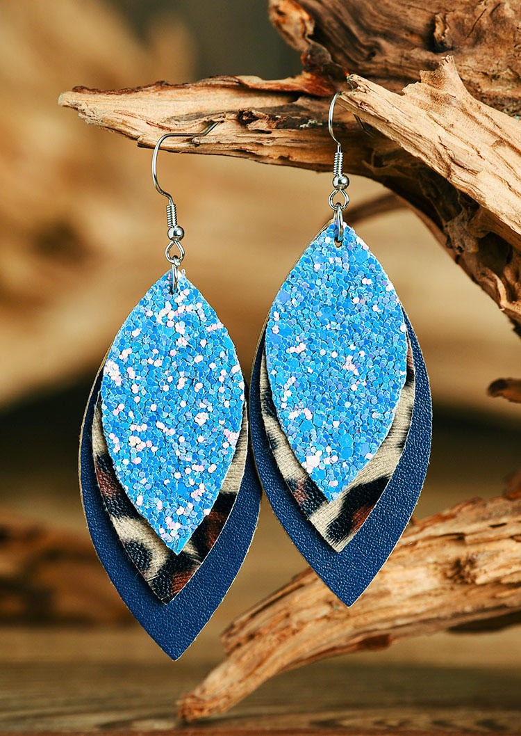 

Leaf Sequined Leopard Leather Earrings, Multicolor, 518061