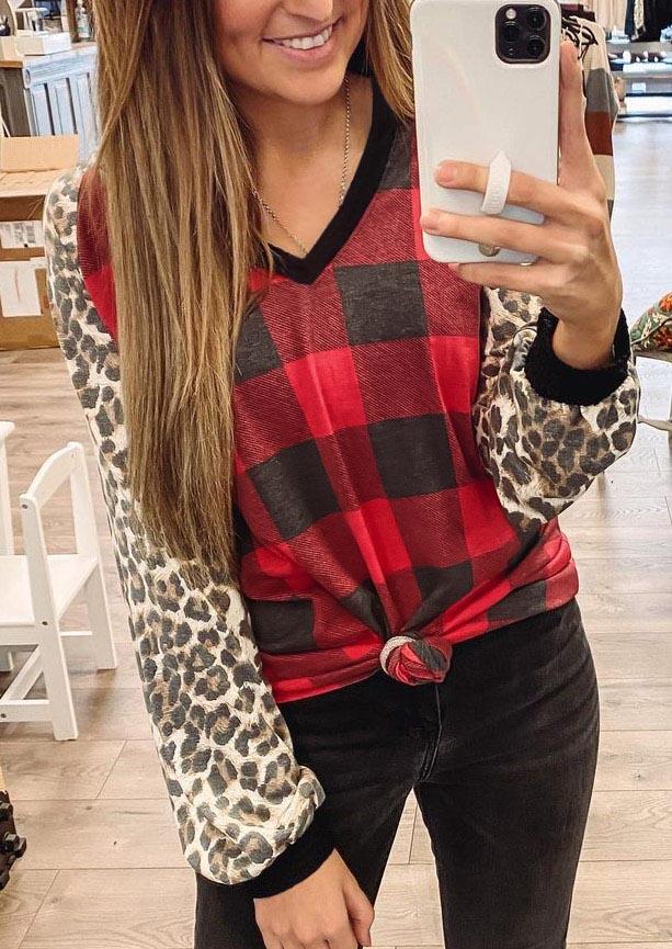 

Buffalo Plaid Leopard V-Neck Long Sleeve Blouse, Multicolor, 518147