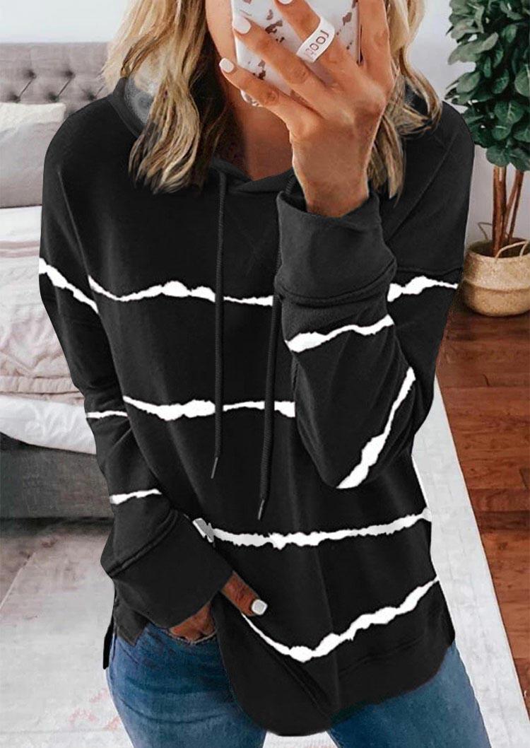 

Striped Drawstring Slit Long Sleeve Hoodie - Black, 518151