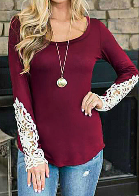 

Lace Hollow Out Splicing O-Neck Blouse - Burgundy, 512525