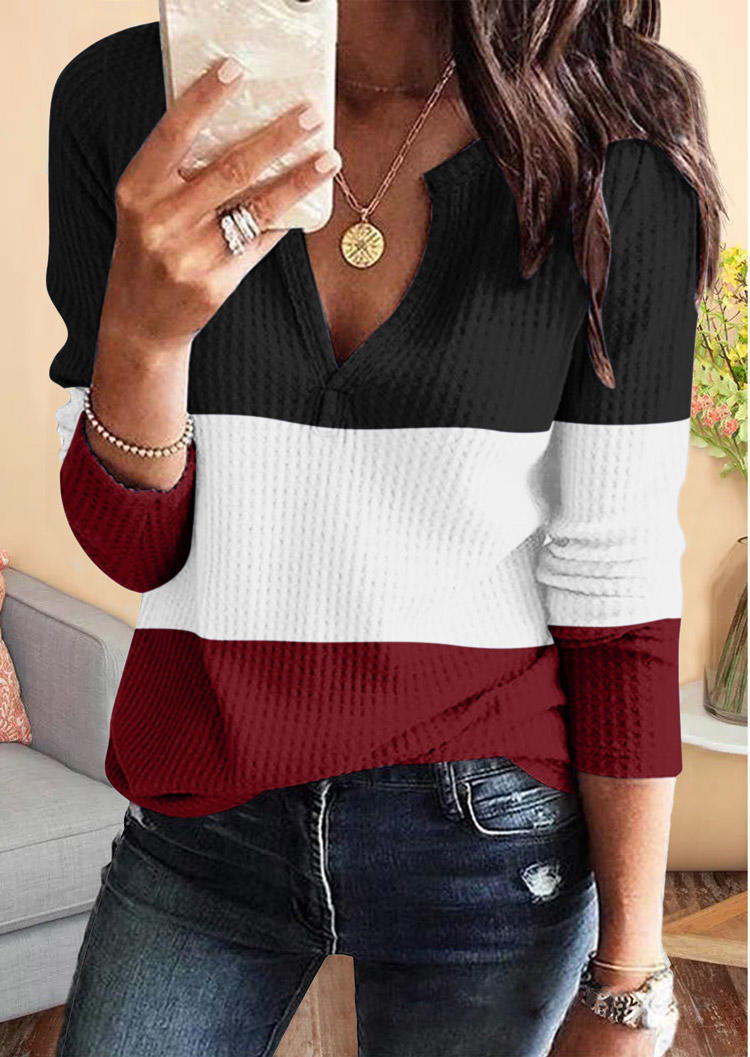 

Color Block Waffle Notched Neck Blouse, Multicolor, 516236