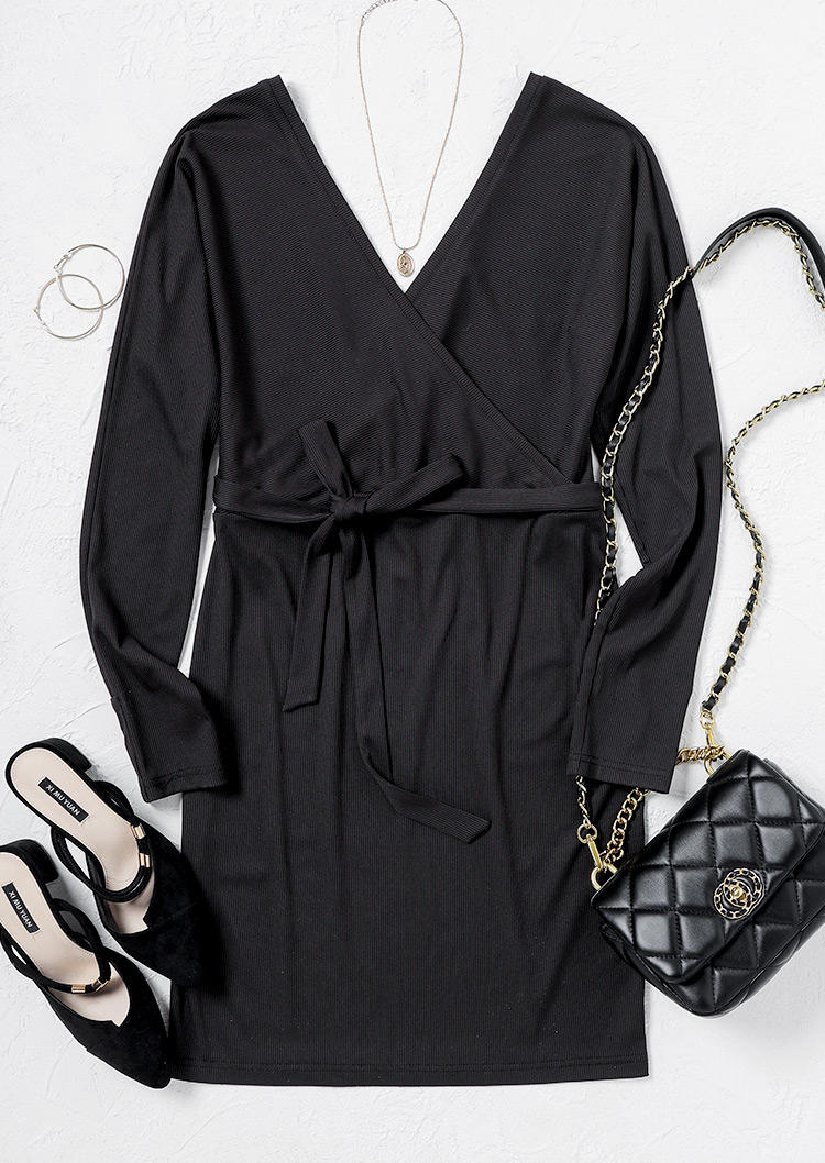 Ruched Long Sleeve V-Neck Bodycon Dress - Black