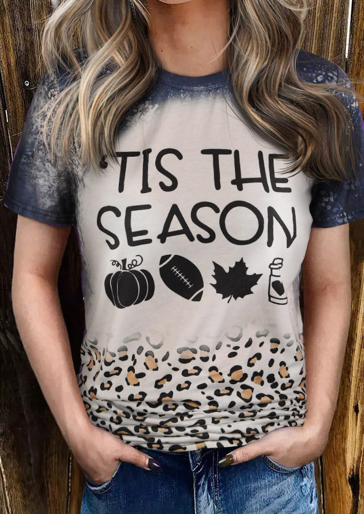 The Season Pumpkin Football Leopard T-Shirt Tee - Navy Blue