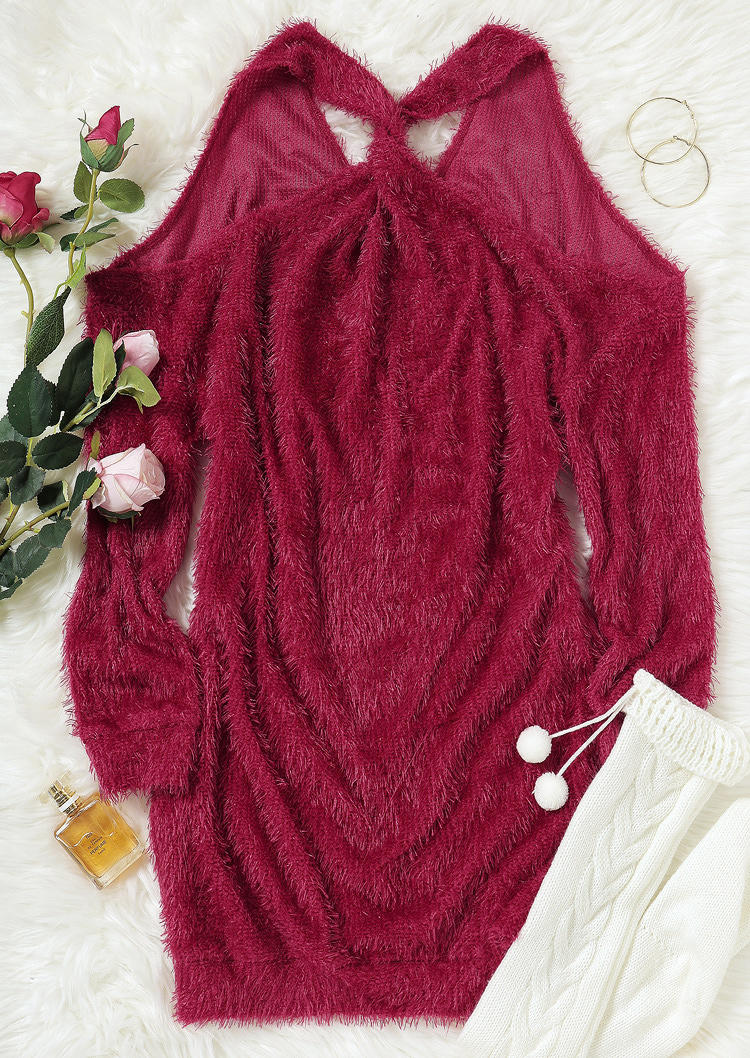 Fuzzy Hollow Out Open Back Cold Shoulder Mini Dress - Burgundy