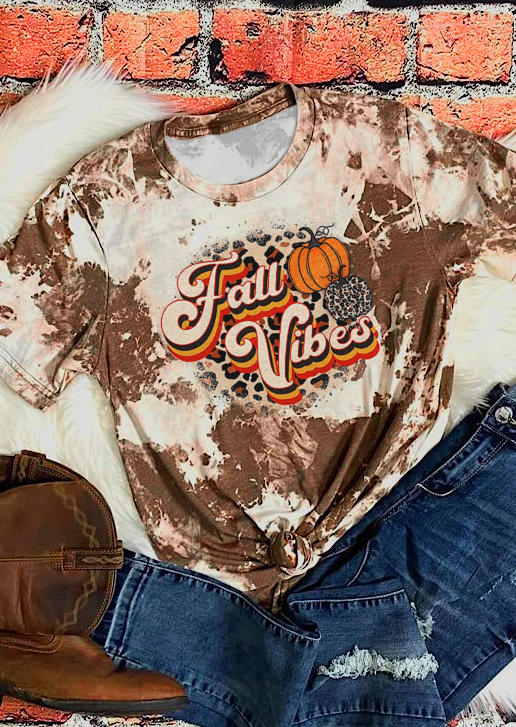 Fall Vibes Leopard Pumpkin T-Shirt Tee - Brown