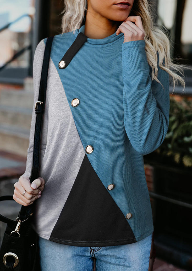 

Button Color Block Long Sleeve Blouse - Cyan, 517803