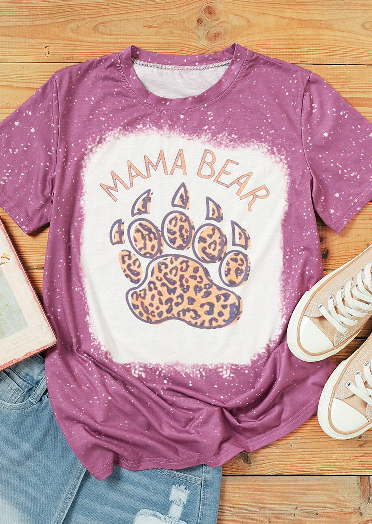 Buy Mama Bear Paw Leopard Bleached T-Shirt Tee - Purple. Picture