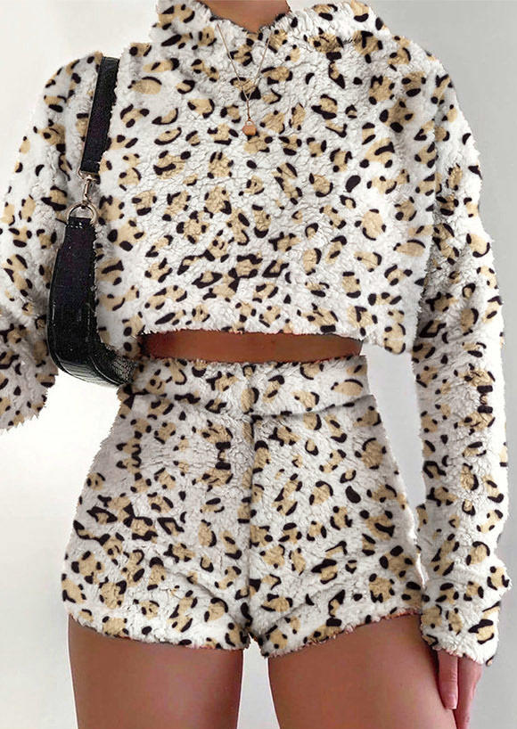 

Leopard Crop Hoodie And Shorts Two-Piece Set, 517953