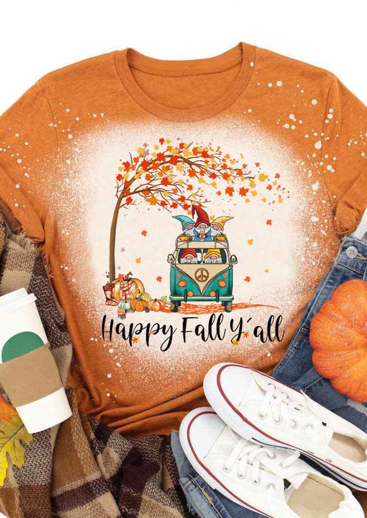 

Happy Fall Y'all Gnomies Pumpkin Bleached T-Shirt Tee - Orange, 517985
