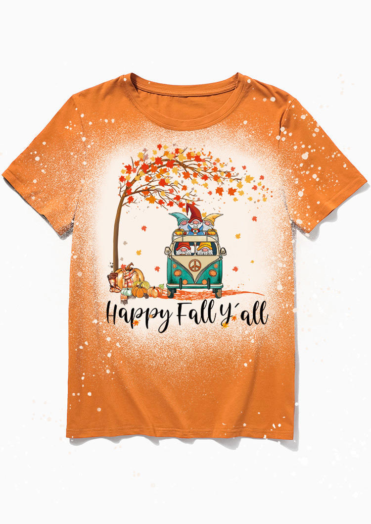 Happy Fall Y'all Gnomies Pumpkin  Bleached T-Shirt Tee - Orange