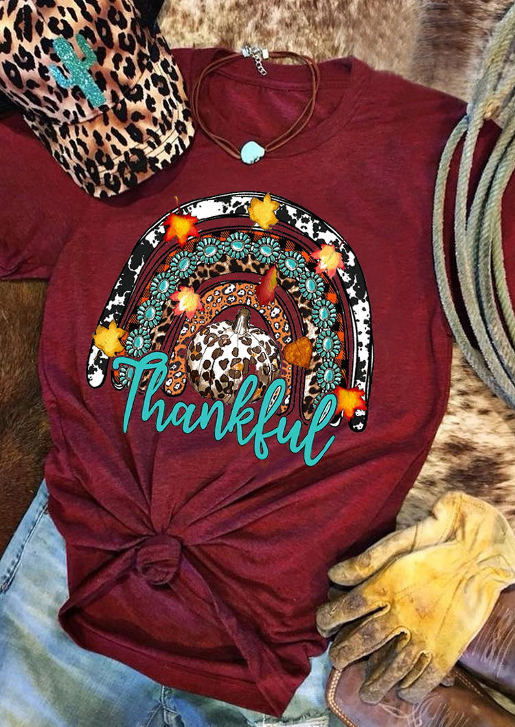 Buy Thankful Rainbow Leopard Pumpkin Turquoise T-Shirt Tee - Burgundy. Picture