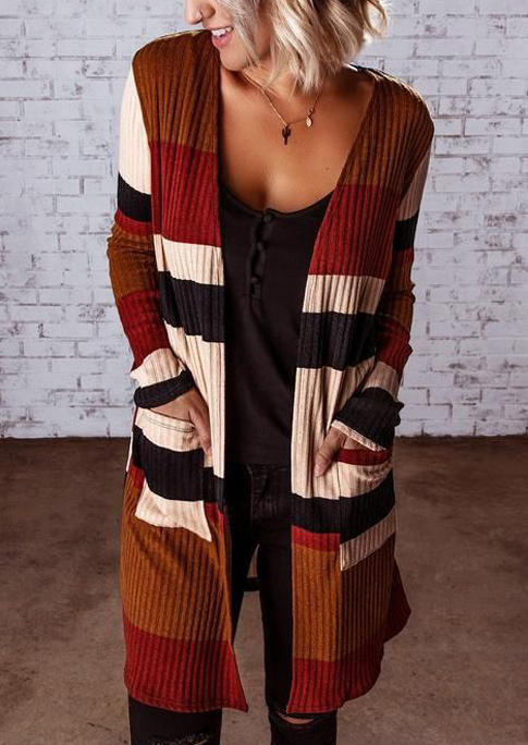 

Pocket Striped Color Block Cardigan, Multicolor, 518236