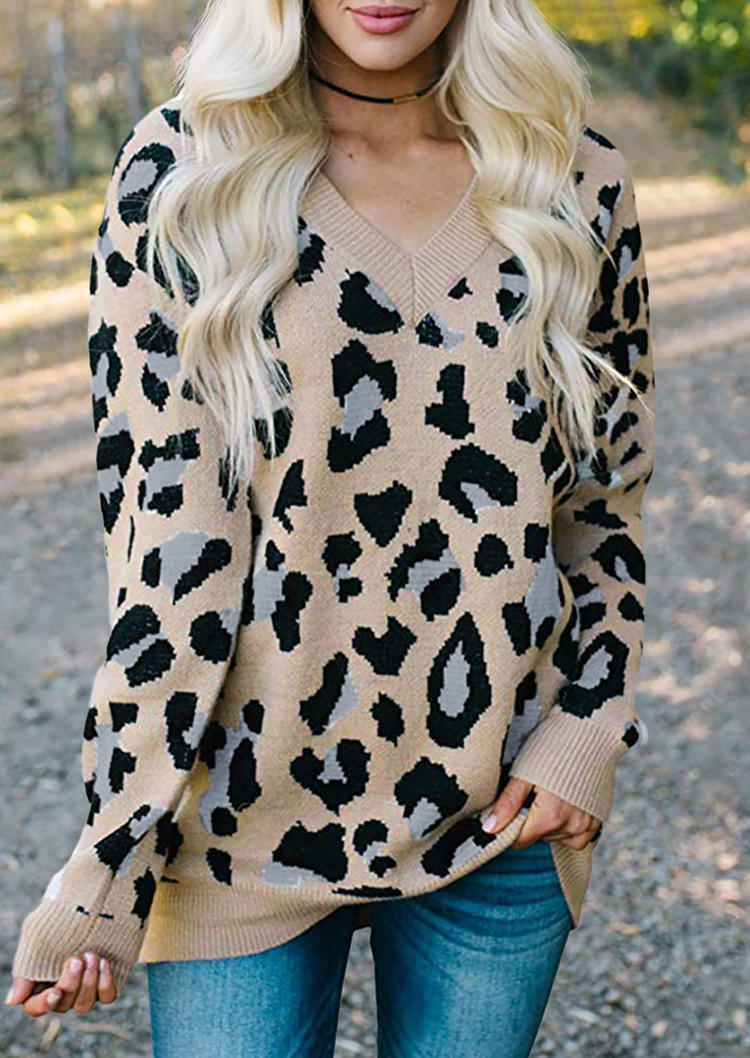 

Leopard Long Sleeve V-Neck Sweater - Khaki, 518258