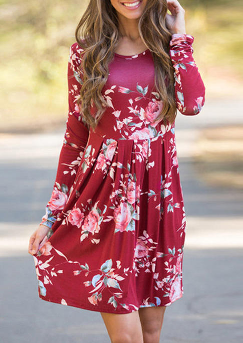 

Floral Ruffled Long Sleeve Mini Dress - Burgundy, 518264