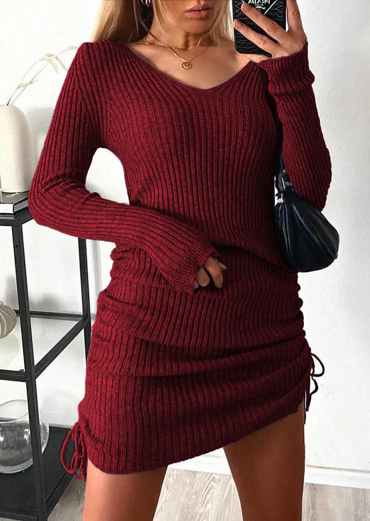 Ruched Drawstring Long Sleeve Sweater Mini Dress - Burgundy