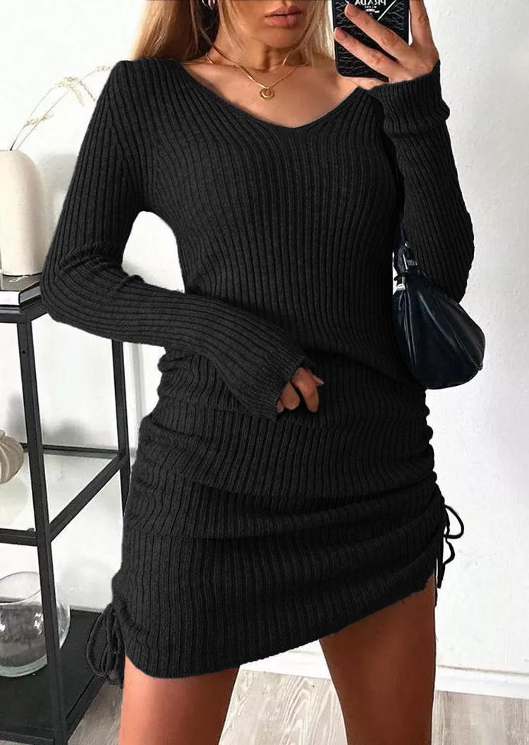 Ruched Drawstring Long Sleeve Sweater Mini Dress - Black