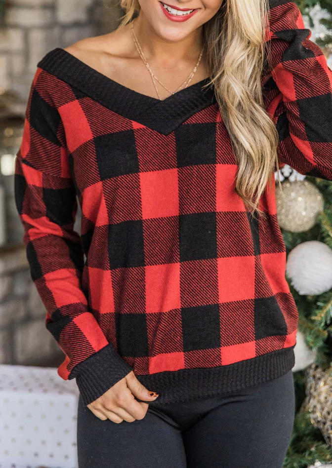 

Buffalo Plaid Open Back V-Neck Blouse, 518379