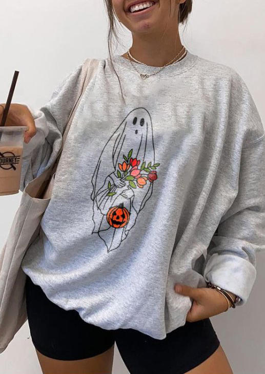 

Halloween Pumpkin Ghost Floral Sweatshirt - Light Grey, FZ005305