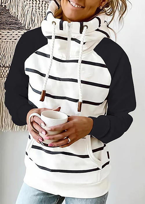 

Striped Drawstring Zipper Raglan Sleeve Hoodie, Stripe, 517768