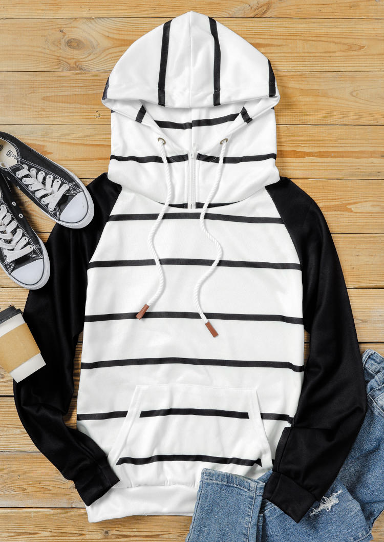 Buy Striped Drawstring Zipper Raglan Sleeve Hoodie. Picture