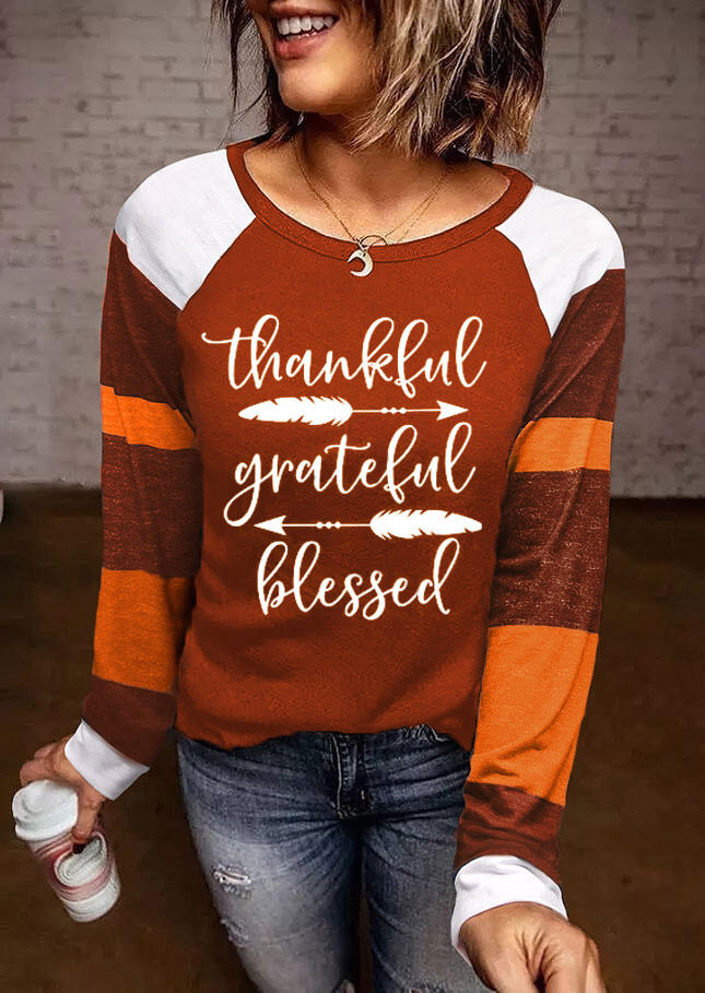 

Thankful Grateful Blessed Feather Long Sleeve T-Shirt Tee, Multicolor, 517878