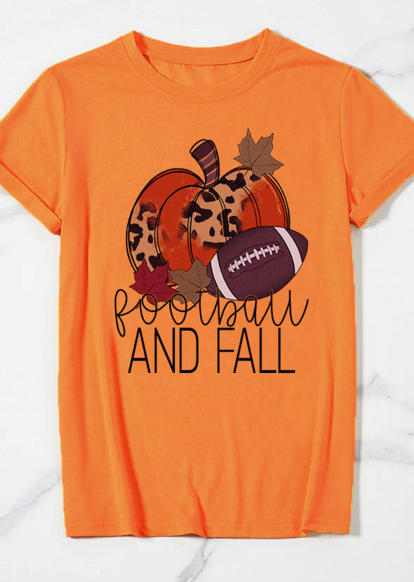Football And Fall Pumpkin Maple Leaf T-Shirt Tee - Orange