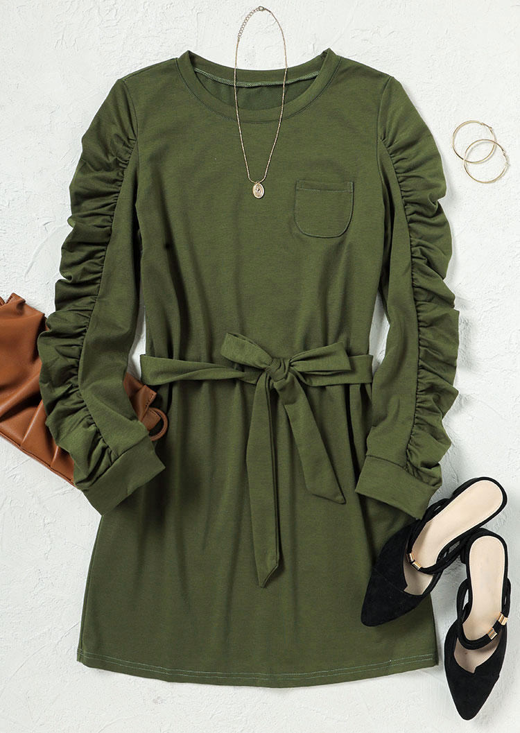 Ruffled O-Neck Pocket Puff Sleeve Bodycon Dress - Army Green