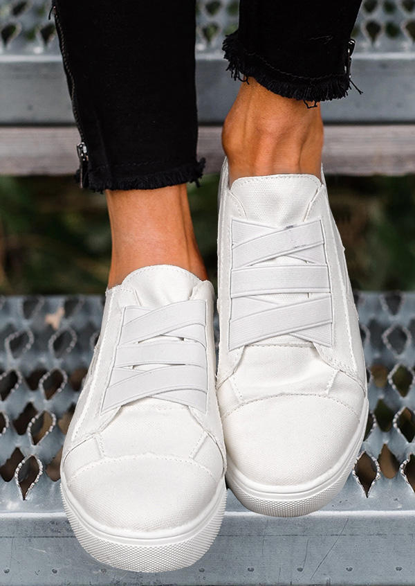 

Round Toe Elastic Shoelace Flat Canvas Sneakers - White, 517959