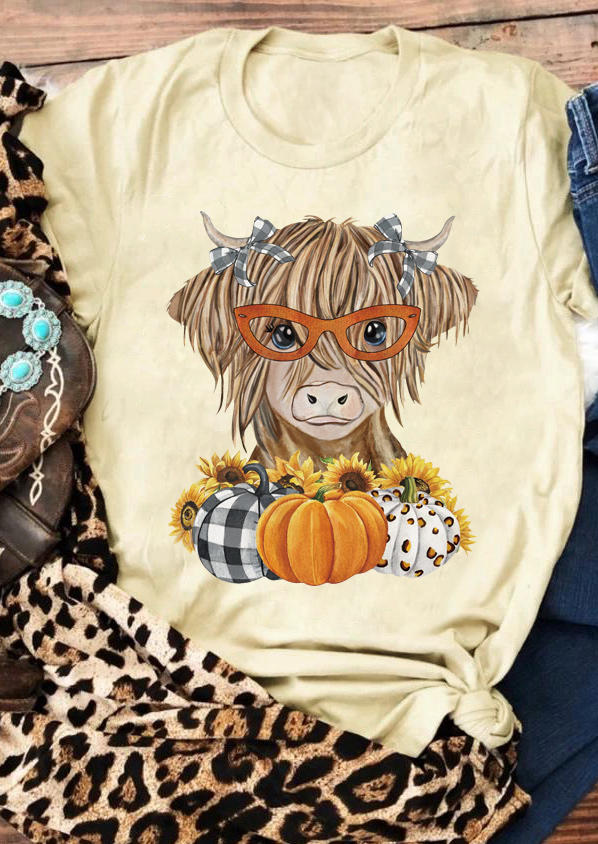 Plaid Pumpkin Steer Skull Sunflower T-Shirt Tee - Light Yellow