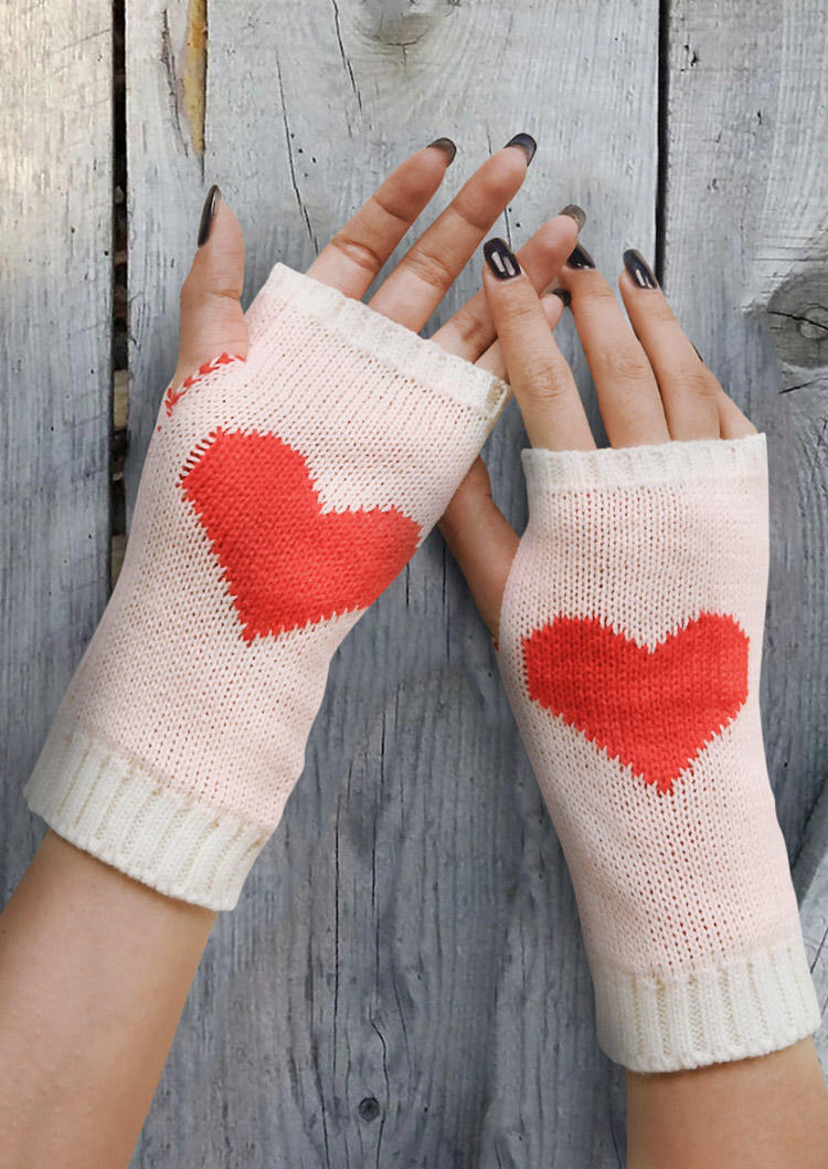 

Heart Knitted Warm Fingerless Gloves, White, 518122