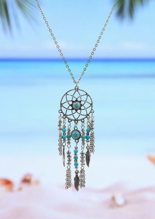 

Turquoise Feather Tassel Dreamcatcher Pendant Necklace, Silver, 518180