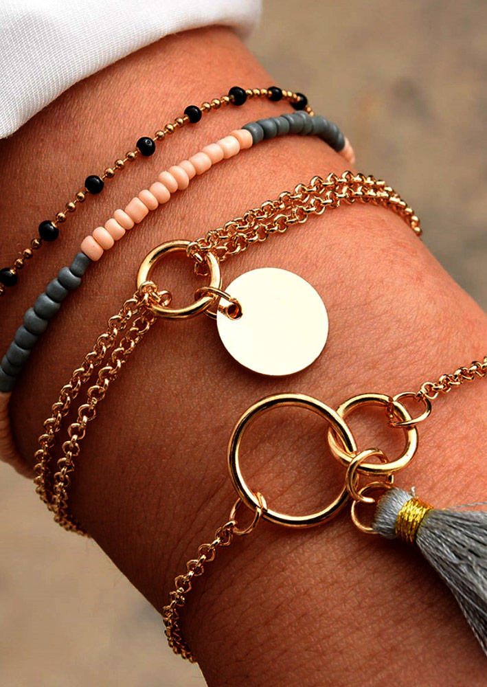 

4Pcs Beading Tassel Alloy Bracelet Set, Gold, 518362