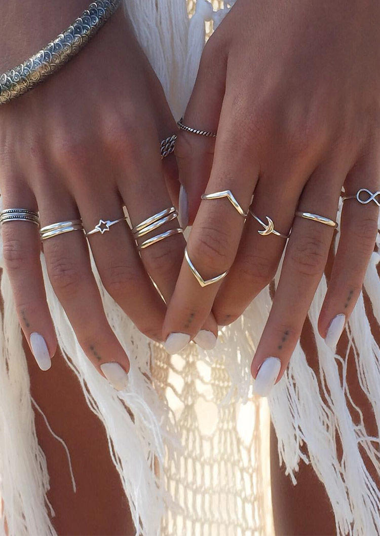 

12Pcs Bohemian Star Moon Hollow Out Alloy Ring Set, Silver, 518367