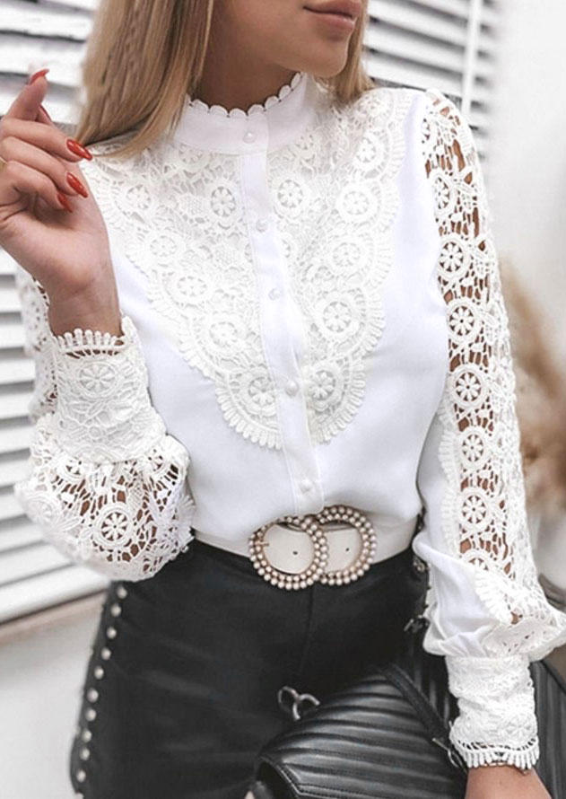 

Lace Splicing Long Sleeve Blouse - White, 518420