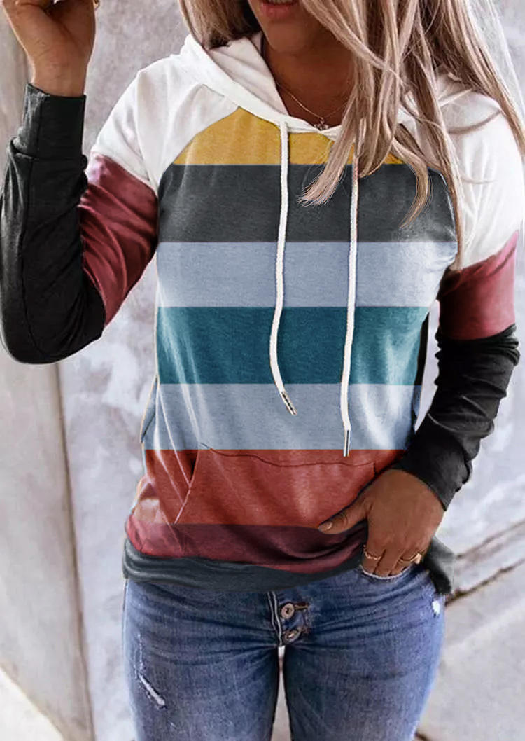 Striped Color Block Drawstring Kangaroo Pocket Hoodie