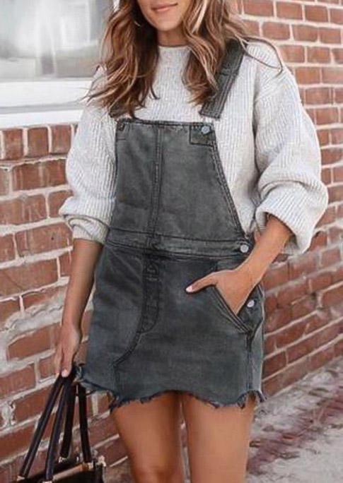 

Pocket Frayed Hem Overall Denim Mini Dress - Dark Grey, 517288