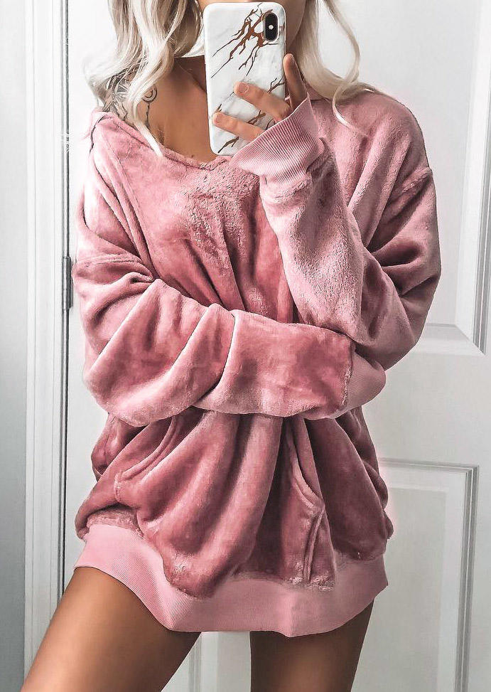 

Fuzzy Kangaroo Pocket V-Neck Long Sleeve Mini Dress - Pink, 517740