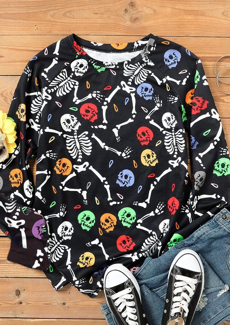 Colorful Skeleton Skull Sweatshirt - Black